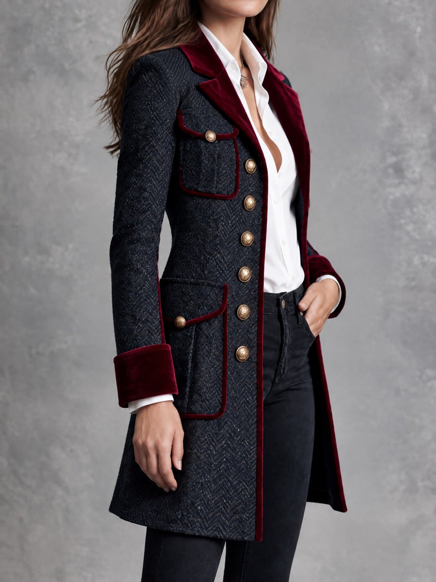 Chaqueta Vintage de Tweed Marino con Piping de Terciopelo Burdeos y Botones