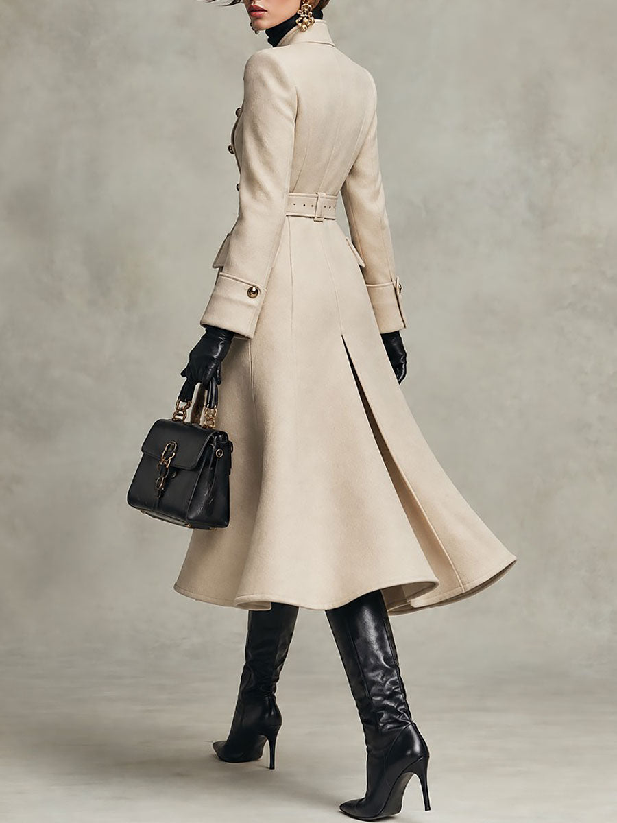 Abrigo de Lana Elegante de Estilo Militar con Doble Botonadura y Cinturón