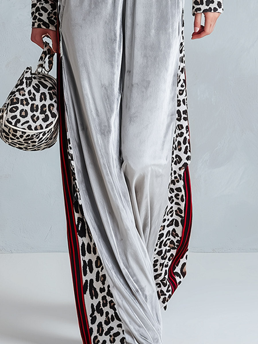 Jumpsuit de terciopelo con rayas plateadas y ribete de leopardo
