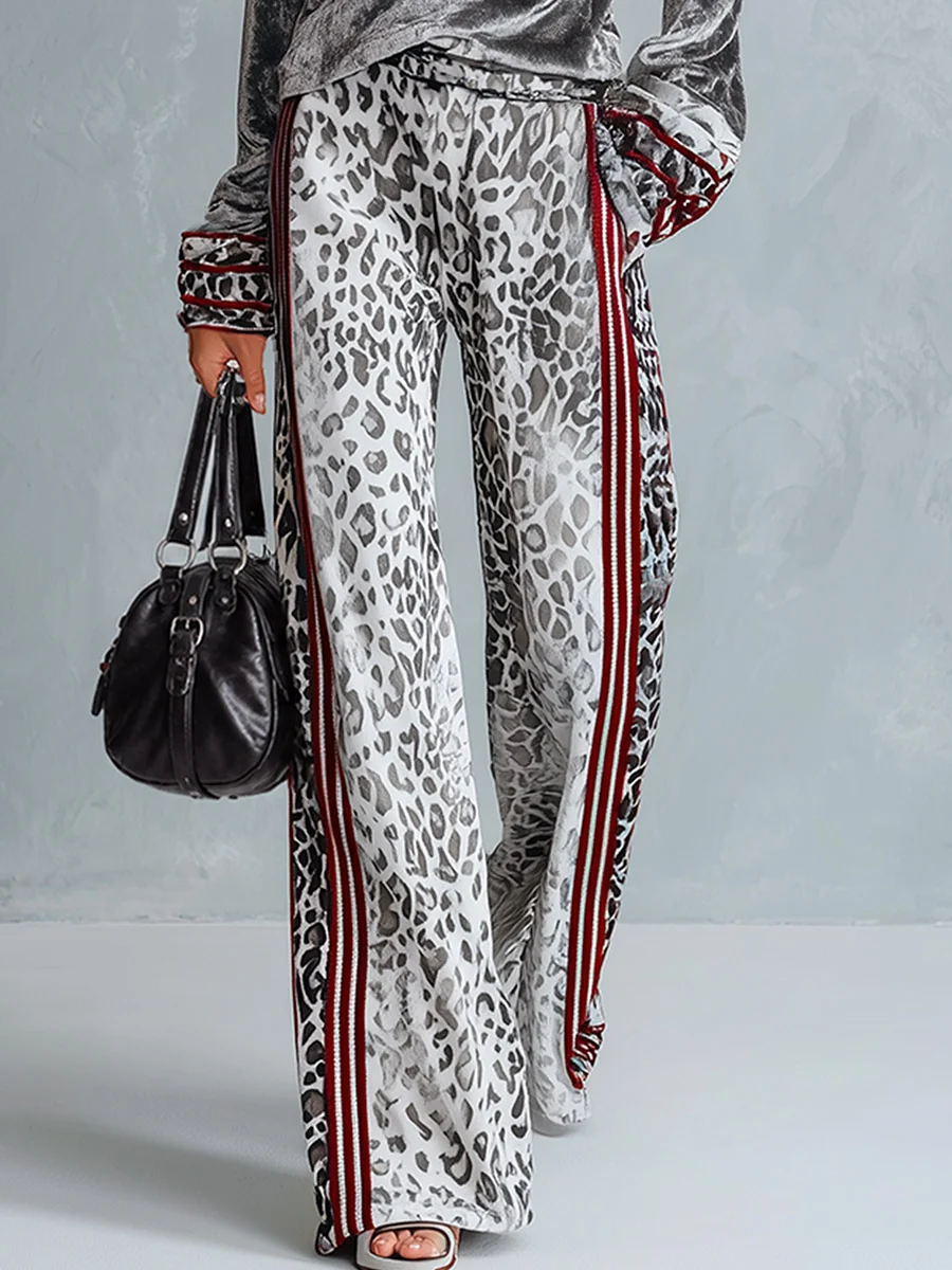 Conjunto de Top de Terciopelo Plateado y Pantalones de Pierna Ancha con Estampado de Leopardo