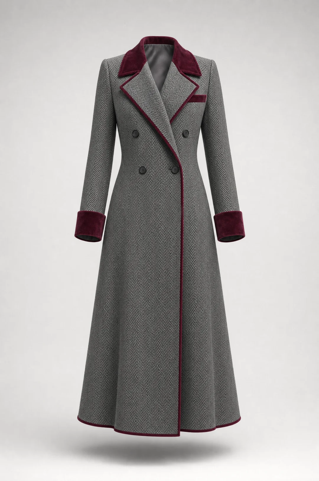 Abrigo Largo de Lana en Patrón Herringbone Elegante con Detalles de Terciopelo