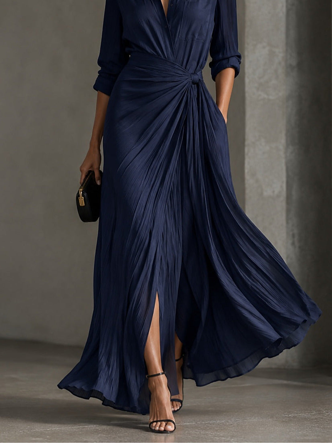Allegra | Vestido Chemisier Maxi con Nudo en la Cintura, Azul Marino