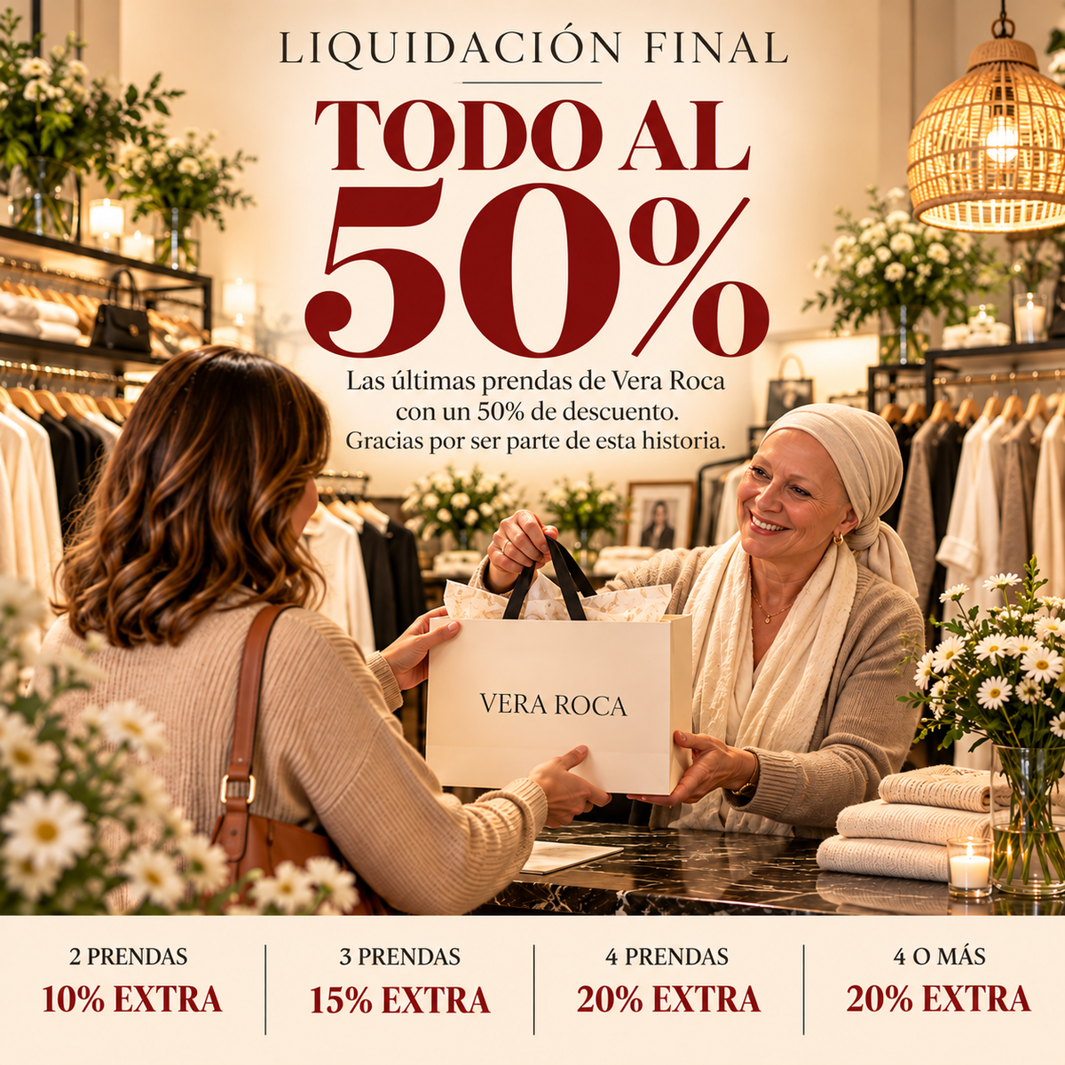 Liquidación final de Vera Roca: Vera con pañuelo en la cabeza en su boutique
