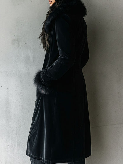 Abrigo Largo de Terciopelo Negro Elegante con Cuello y Puños de Piel Ecológica