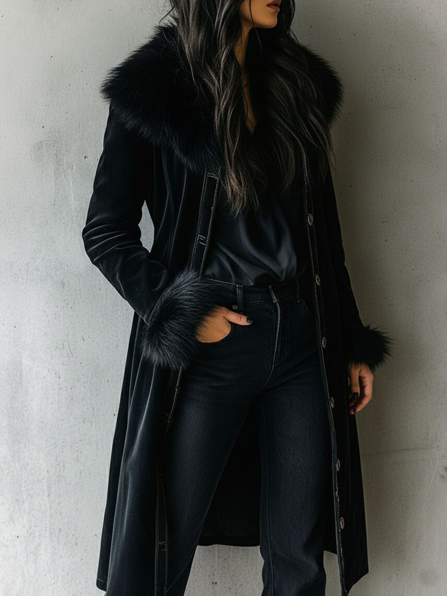 Abrigo Largo de Terciopelo Negro Elegante con Cuello y Puños de Piel Ecológica