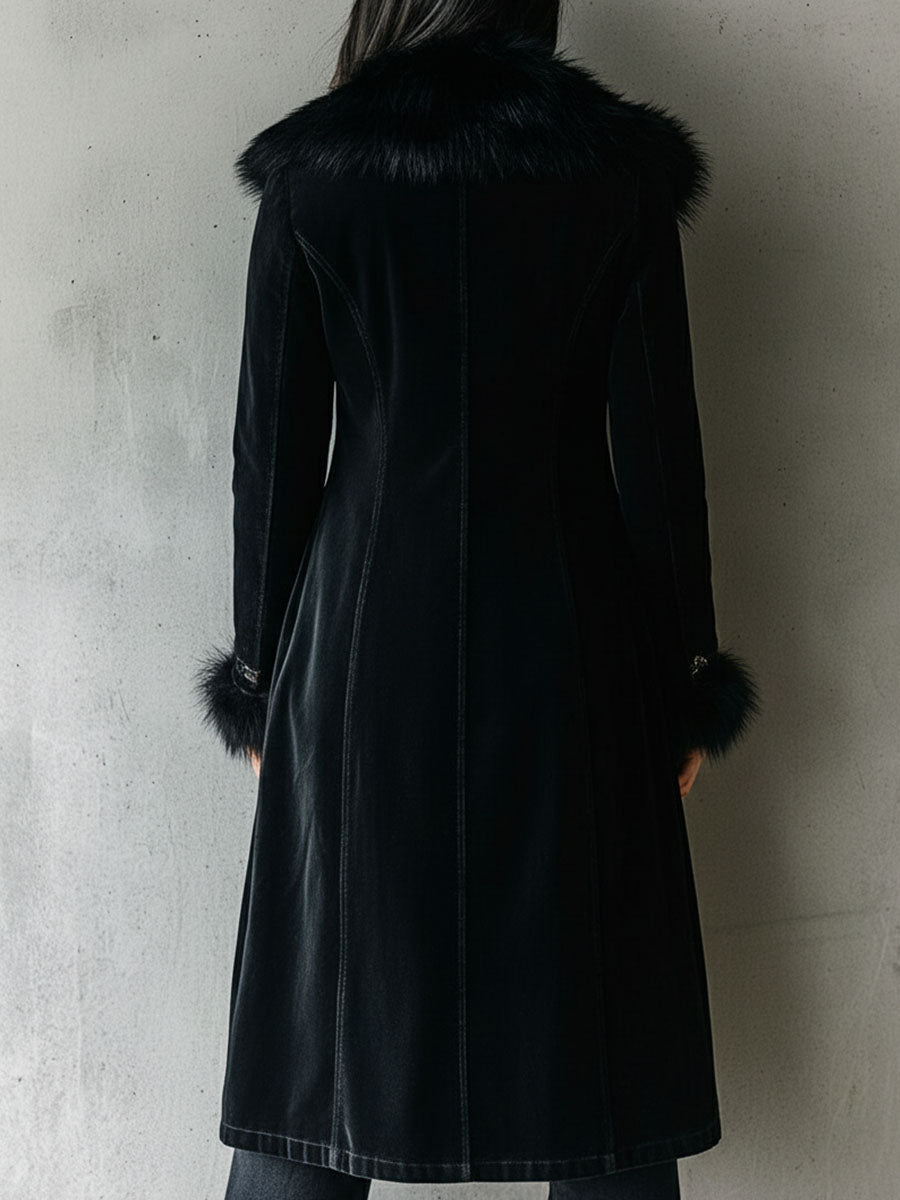 Abrigo Largo de Terciopelo Negro Elegante con Cuello y Puños de Piel Ecológica