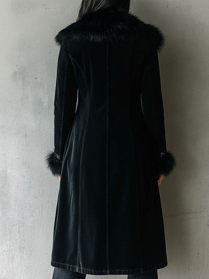 Abrigo Largo de Terciopelo Negro Elegante con Cuello y Puños de Piel Ecológica