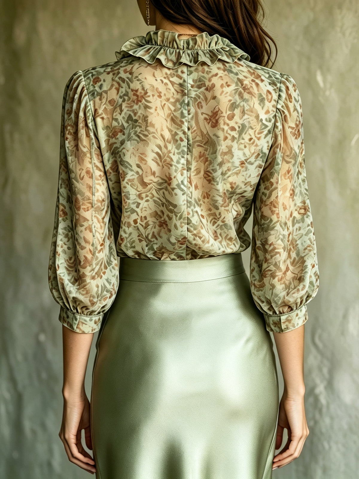 Giuliana | Conjunto Blusa Floral y Falda de Satén, Verde Salvia
