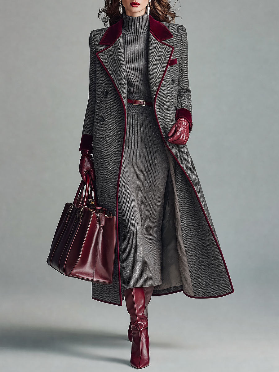 Abrigo Largo de Lana en Patrón Herringbone Elegante con Detalles de Terciopelo