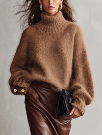 Suéter de mujer de mezcla de mohair color camel con cuello alto de manga larga