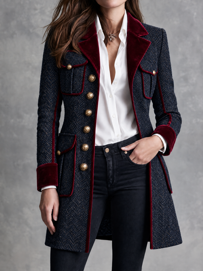 Chaqueta Vintage de Tweed Marino con Piping de Terciopelo Burdeos y Botones