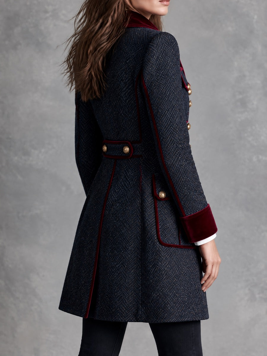 Chaqueta Vintage de Tweed Marino con Piping de Terciopelo Burdeos y Botones