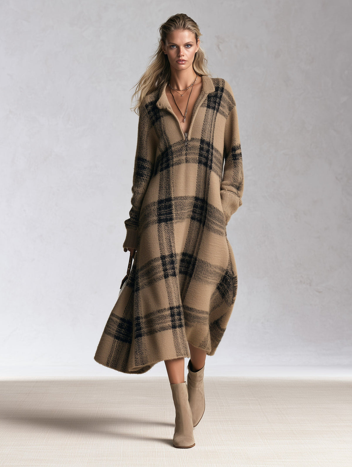 Adelaida | Vestido Midi de Punto a Cuadros con Media Cremallera, Camel