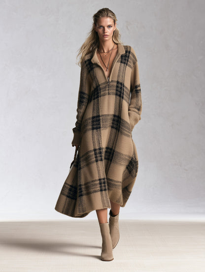 Adelaida | Vestido Midi de Punto a Cuadros con Media Cremallera, Camel