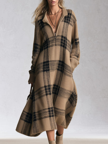 Adelaida | Vestido Midi de Punto a Cuadros con Media Cremallera, Camel