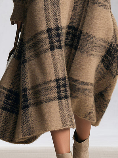 Adelaida | Vestido Midi de Punto a Cuadros con Media Cremallera, Camel