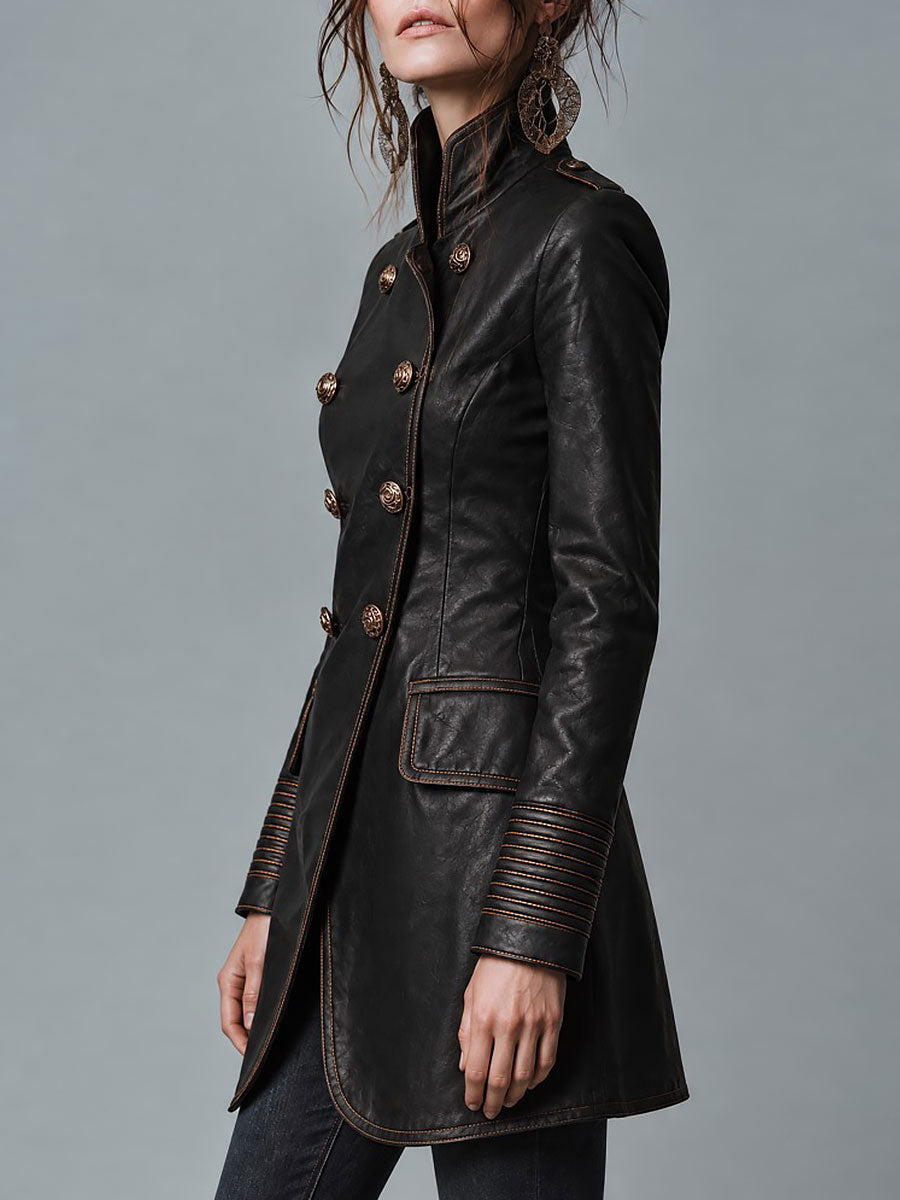 Abrigo de Cuero Doble Botonadura Estilo Militar para Mujer con Costuras en Contraste