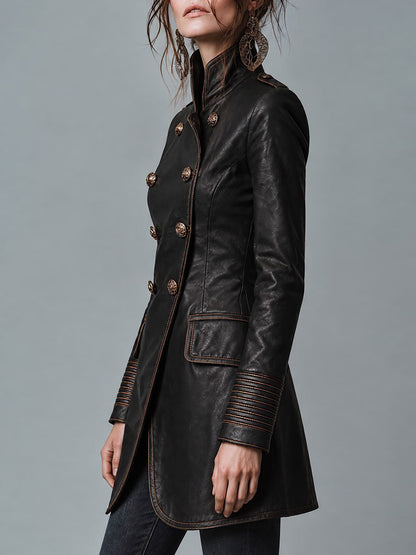 Abrigo de Cuero Doble Botonadura Estilo Militar para Mujer con Costuras en Contraste