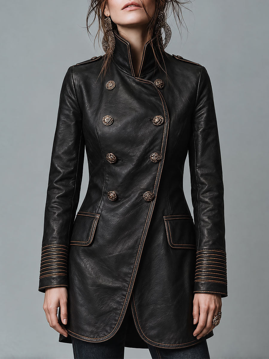Abrigo de Cuero Doble Botonadura Estilo Militar para Mujer con Costuras en Contraste