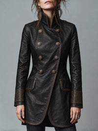 Abrigo de Cuero Doble Botonadura Estilo Militar para Mujer con Costuras en Contraste