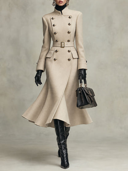 Abrigo de Lana Elegante de Estilo Militar con Doble Botonadura y Cinturón