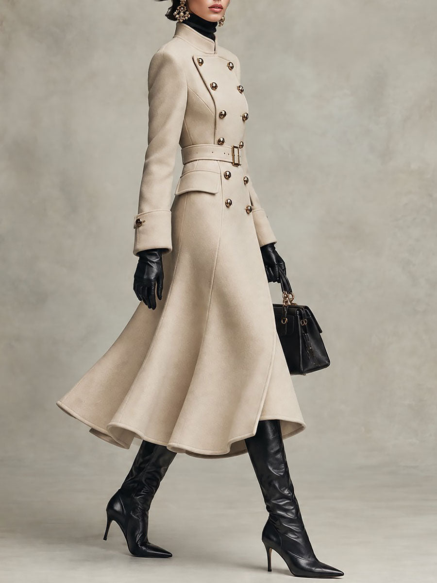 Abrigo de Lana Elegante de Estilo Militar con Doble Botonadura y Cinturón