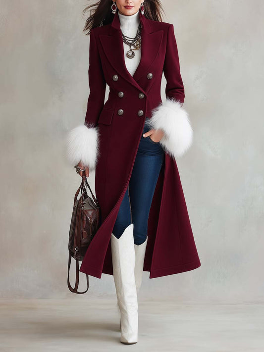 Abrigo de Lana Doble Botonadura para Mujer con Puños de Piel Sintética - Estilo Elegante de Trench Largo
