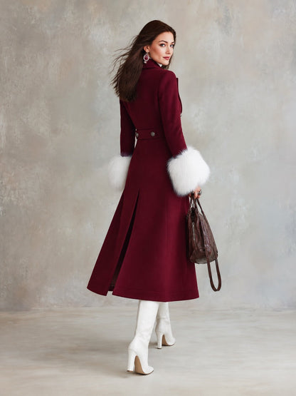 Abrigo de Lana Doble Botonadura para Mujer con Puños de Piel Sintética - Estilo Elegante de Trench Largo