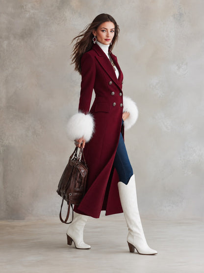 Abrigo de Lana Doble Botonadura para Mujer con Puños de Piel Sintética - Estilo Elegante de Trench Largo