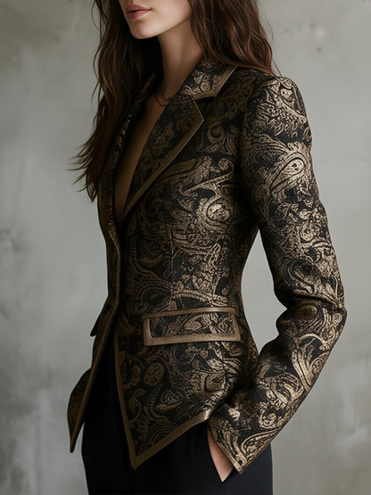 Blazer Ajustado de Jacquard Paisley con Solapas Envueltas de Lujo Silencioso