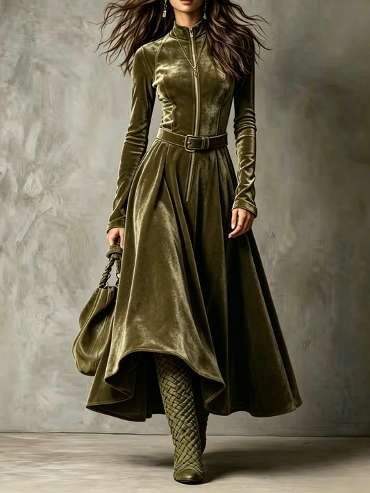 Smeralda | Vestido Maxi Vintage de Terciopelo con Cremallera y Cintura, Verde Oliva