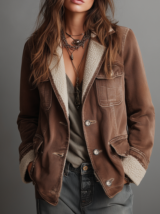 Abrigo de Denim Forrado con Sherpa Falso y Múltiples Bolsillos Retro
