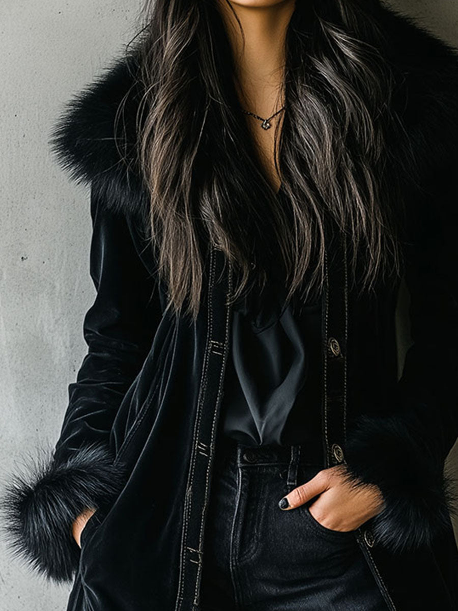 Abrigo Largo de Terciopelo Negro Elegante con Cuello y Puños de Piel Ecológica