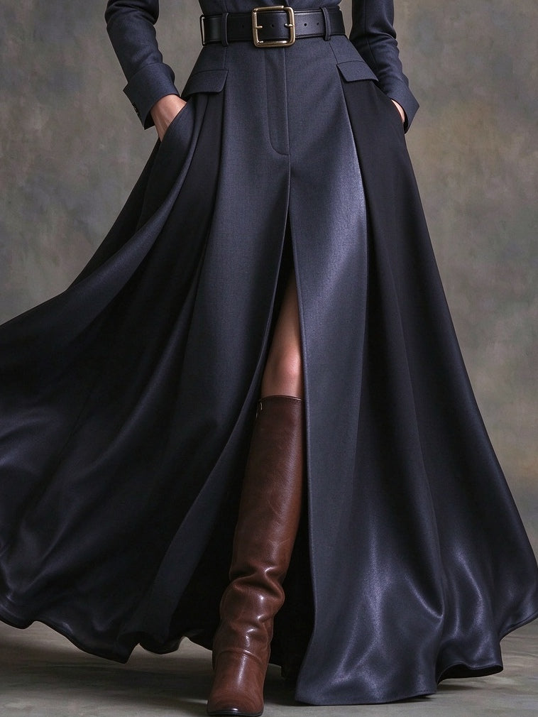 Azzurra | Vestido Maxi con Solapa Estilo Western y Cintura, Azul Marino