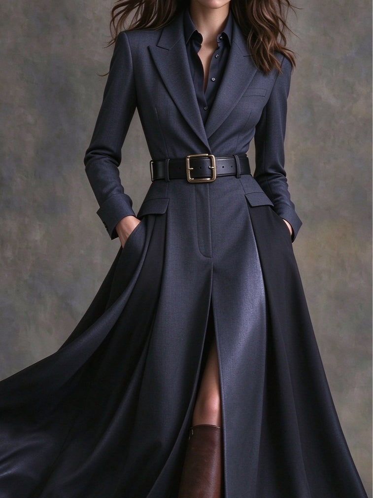 Azzurra | Vestido Maxi con Solapa Estilo Western y Cintura, Azul Marino