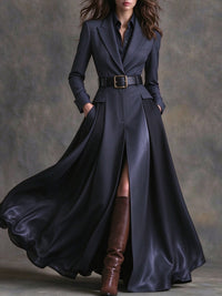 Azzurra | Vestido Maxi con Solapa Estilo Western y Cintura, Azul Marino