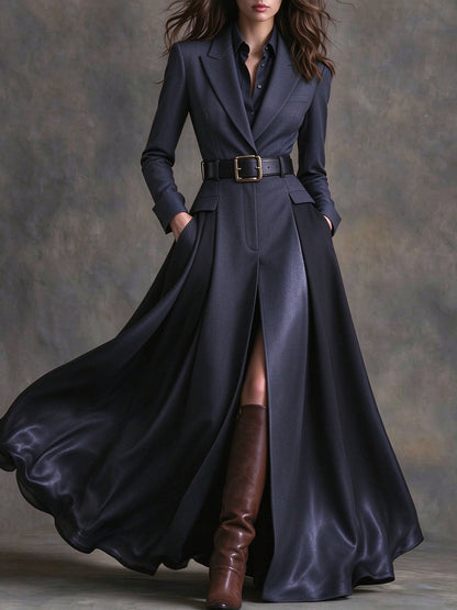 Azzurra | Vestido Maxi con Solapa Estilo Western y Cintura, Azul Marino