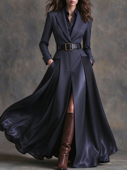 Azzurra | Vestido Maxi con Solapa Estilo Western y Cintura, Azul Marino