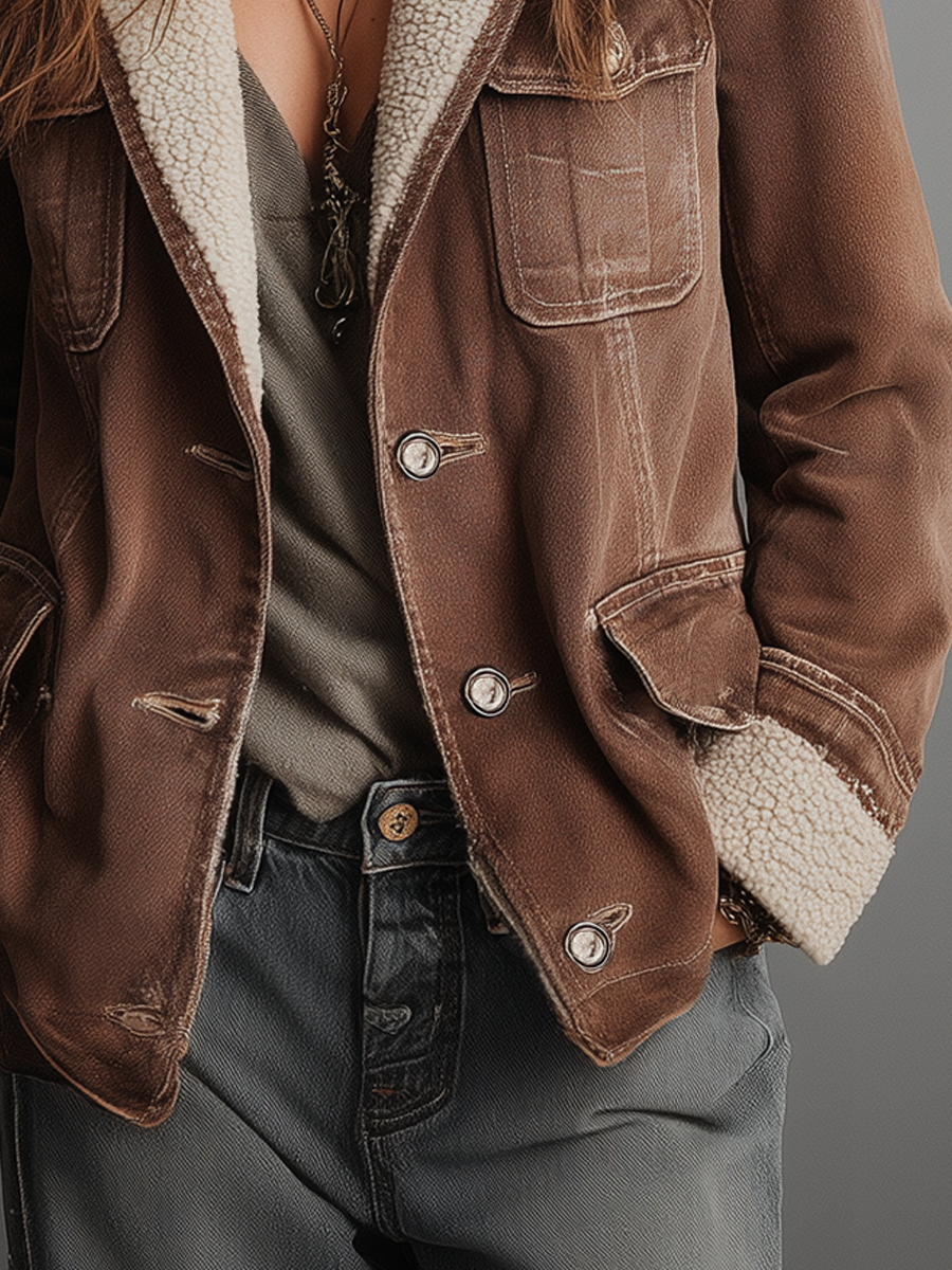 Abrigo de Denim Forrado con Sherpa Falso y Múltiples Bolsillos Retro