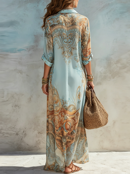 Velia | Vestido Chemisier Maxi con Estampado Barroco, Azul
