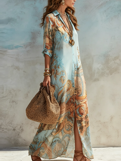 Velia | Vestido Chemisier Maxi con Estampado Barroco, Azul
