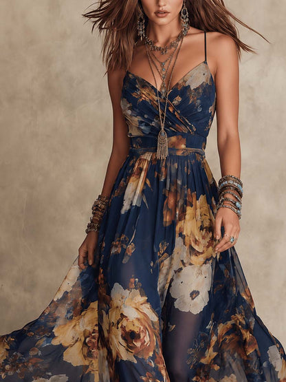 Melissa | Vestido Maxi de Chiffon con Flores y Tirantes Finos, Azul Marino