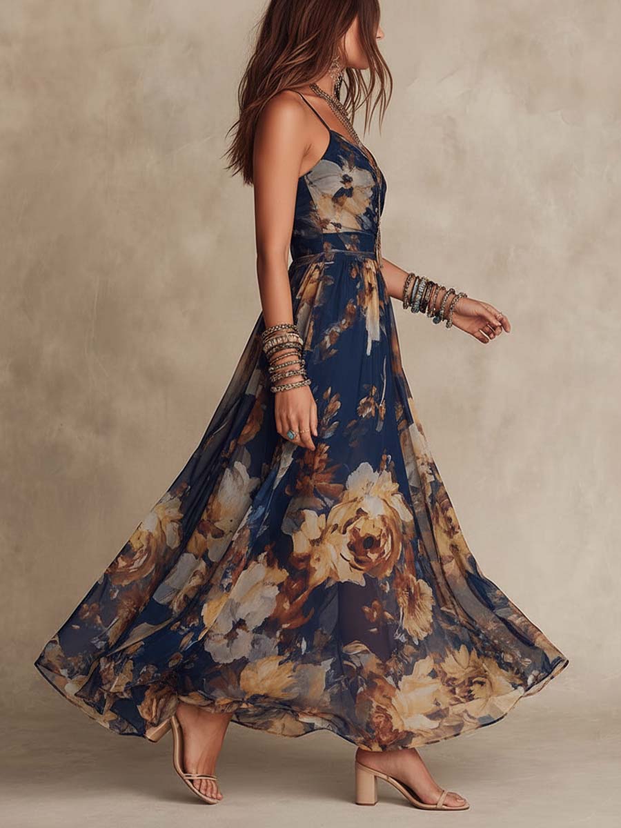 Melissa | Vestido Maxi de Chiffon con Flores y Tirantes Finos, Azul Marino