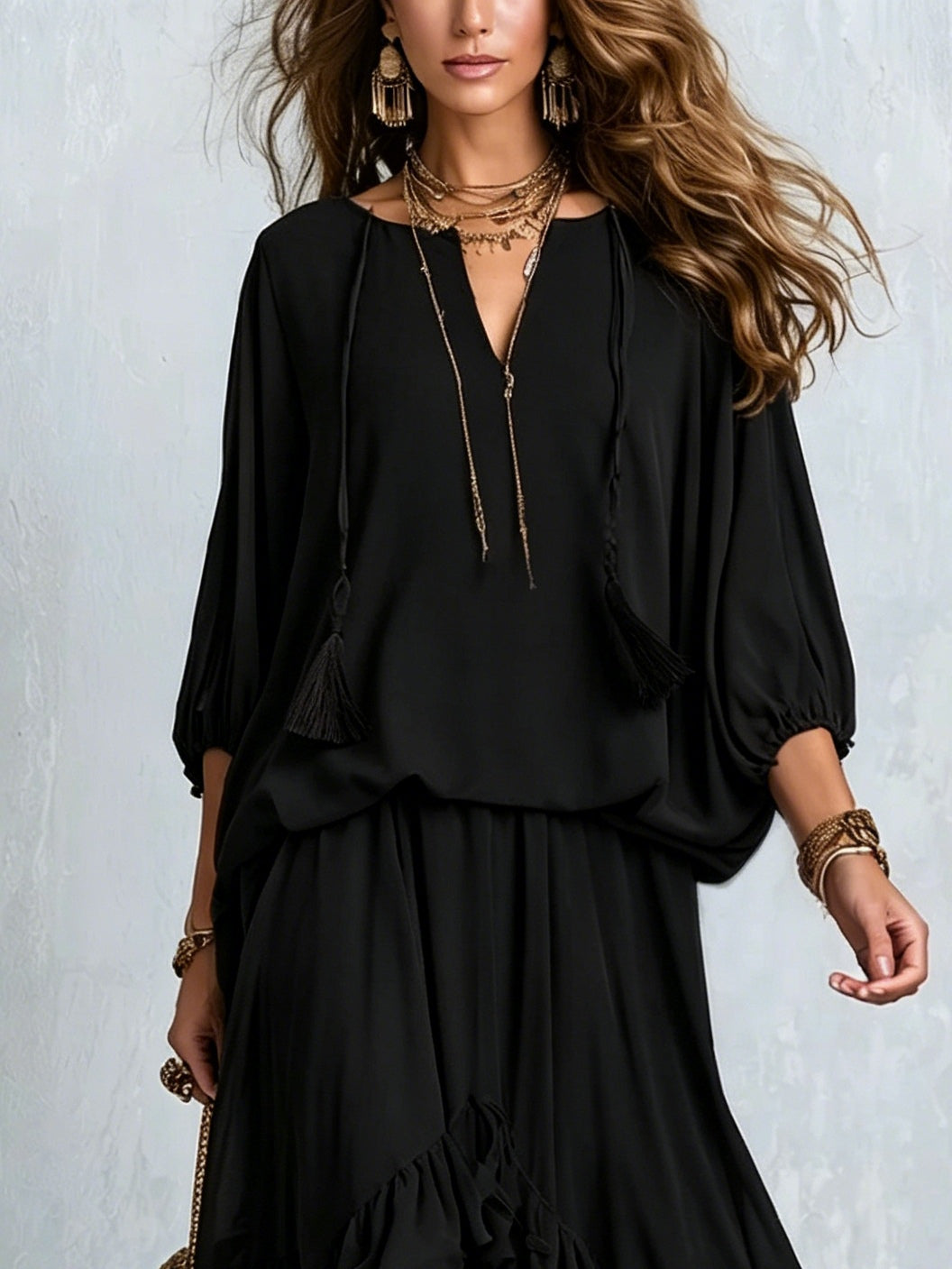 Annalisa | Conjunto Completo en Chifón y Falda con Volantes, Negro