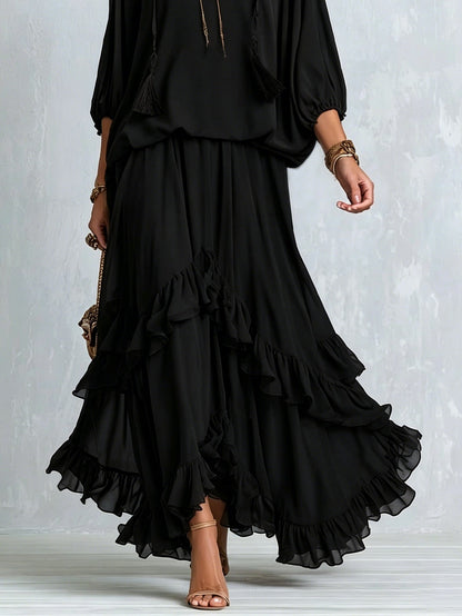 Annalisa | Conjunto Completo en Chifón y Falda con Volantes, Negro