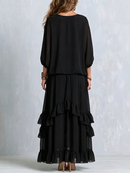 Annalisa | Conjunto Completo en Chifón y Falda con Volantes, Negro
