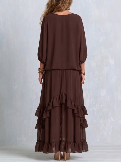 Dalila | Conjunto Completo en Chiffon y Falda con Volantes, Chocolate