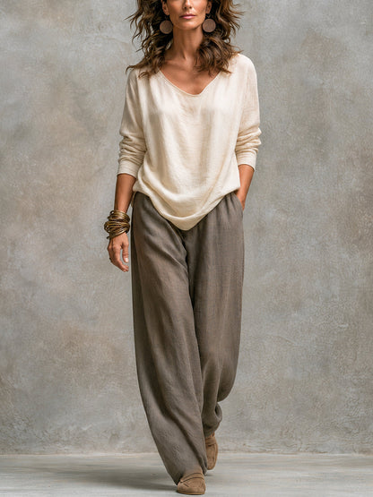 Flaminia | Conjunto Completo de Tres Piezas con Pantalón Palazzo, Beige y Gris