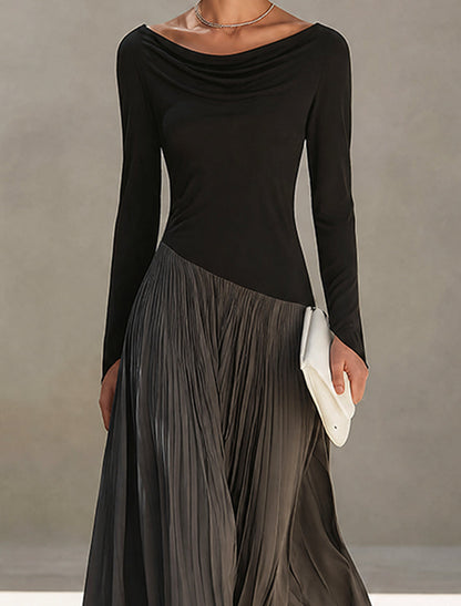 Virginia | Vestido Maxi Plisado con Cuello Draped, Negro y Gris