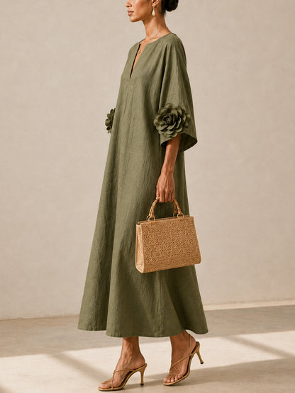 Floriana | Vestido Midi con Flores Aplicadas en las Mangas, Verde Oliva